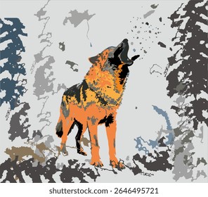 imagem colorida de lobo uivando com fundo de floresta

