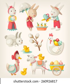 Colorful images of Easter characters and animals for spring holiday