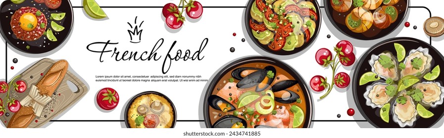Colorful images of French dishes, Banner design French cuisine. hand drawing, clipart, isolate vector.