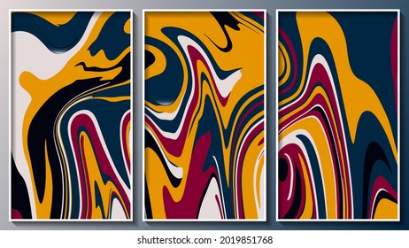 colorful impressionistic triptych. crazy mix of mustard, burgundy, black, beige, dark blue colors. three images in white frames. vector 