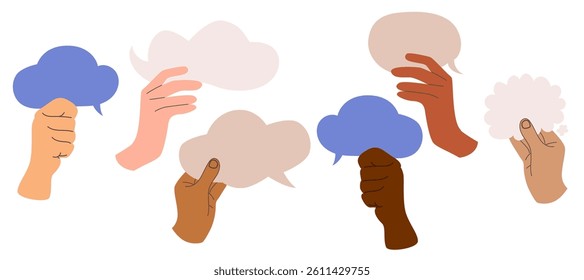 Colorful inclusive illustration of various hands holding speech bubbles vector drawing. Communication, dialogue, and social interaction concept designs