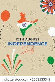 Colorful Independence Day vector featuring map of India in tricolor, celebratory balloons, fireworks, and festive elements. Perfect for August 15 events, posters, school projects and national campaign