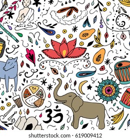 Colorful India pattern. Hand drawn elements of India on a white background.