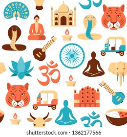 Colorful India seamless pattern in flat style. Repeating background with traditional symbols including Buddha, Taj Mahal, lotus flower, elephant. Vector illustration.
