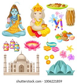 Colorful indian culture elements set with Shiva Ganesha Gods sweets lanterns diya buildings spices fireworks drums flowers isolated vector illustration