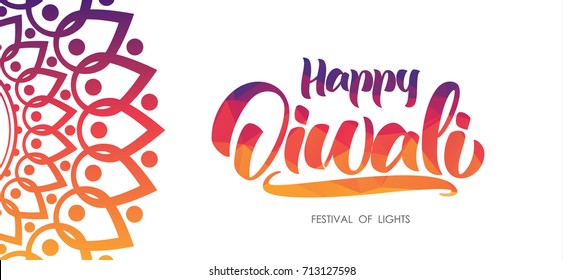 Colorful Indian greeting background with Handwritten lettering of Happy Diwali. Vector illustration