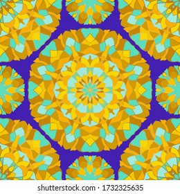 Colorful indian pattern with mandalas. Vector blue and yellow background. Template for textile, carpet, shawl.