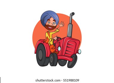 Colorful Indian Punjabi Sardar cartoon character on tractor in Punjab.Vector illustration