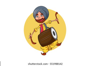 Colorful Indian Punjabi Sardar Cartoon Character With Dhol - A Famous Instrument In Punjab.Vector Illustration