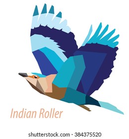 colorful Indian Roller bird low poly design isolated on white background