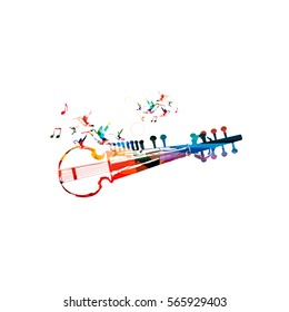 Colorful Indian Sarod With Music Notes And Hummingbirds Isolated. Music Instrument Background Vector Illustration. Design For Poster, Brochure, Invitation, Banner, Flyer, Concert And Music Festival