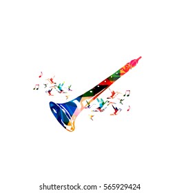 Colorful indian shehnai with music notes and hummingbirds isolated. Music instrument background vector illustration. Design for poster, brochure, invitation, banner, flyer, concert and music festival