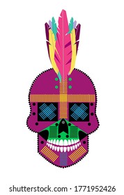 Colorful Indian skull icon on white background, with feathers.