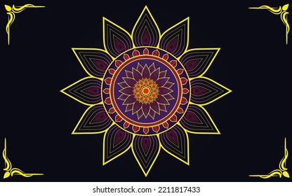 Colorful Indian style mandala art isolated on a dark background, mandala art for meditation poster banner festival, 