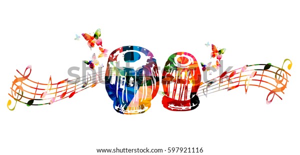 Colorful indian tabla with music notes and\
butterflies isolated. Music instrument background vector\
illustration. Design for poster, brochure, invitation, banner,\
flyer, concert and music\
festival