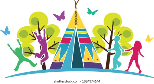 Colorful Indian Tent With Kids Playing. Playground With Fun Camp, Trees, Butterflies & Children In Many Colors For Camping Ground Logo Or Outdoor Park Concept