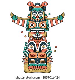 Colorful indian totem, clan, tribe. Wooden symbol. Flat cartoon vector illustration, white background.