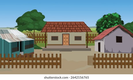 Colorful Indian Village Illustration with Tiled Roof Home, Mud House, Metal Sheet House, Country Fence, Trees, Rural Landscape, Farming Scene, Village Buildings, Native Architecture, Flat Vector Art


