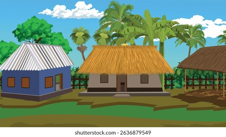 Colorful Indian Village Scene Vector | Rural Cartoon Houses with Palm Trees and Thatched Roofs | Traditional Countryside Background for Animation, Kids Projects, and Educational Use