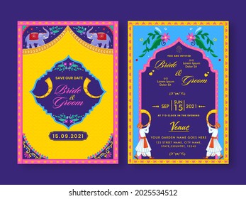Colorful Indian Wedding Invitation Card On Purple Background.