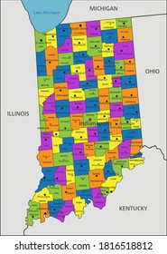 Colorful Indiana political map with clearly labeled, separated layers. Vector illustration.