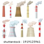 Colorful industrial chimneys with smoke flat set for web design. Cartoon pipes with steam of power energy plant isolated vector illustration collection. Industry factory and pollution concept