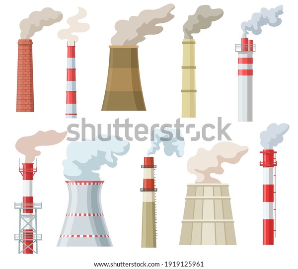 Colorful industrial chimneys with smoke flat set\
for web design. Cartoon pipes with steam of power energy plant\
isolated vector illustration collection. Industry factory and\
pollution concept