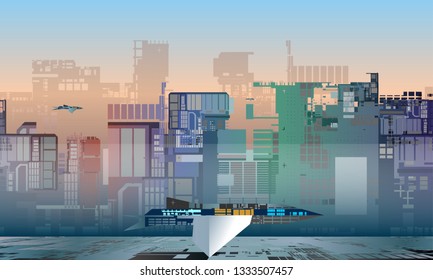 Colorful industrial future sci-fi city with spaceship, vector illustration