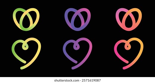 Colorful infinity and heart symbols with gradient tones on a black background. Abstract designs depicting love, connection, and continuity with vibrant green, yellow, purple, pink, and orange hues.