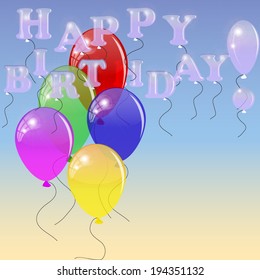 Colorful inflatable balls and letters against the sky. Greeting card with birthday. Vector illustration.