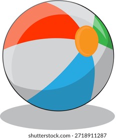 Farbiger aufblasbarer Strandball mit roten, blauen, grünen und orangefarbenen Tafeln einzeln auf weißem Hintergrund.