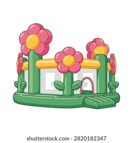 Colorful inflatable bouncy castle designed like a flower garden with large pink blossom pillars, green base, yellow railings, and transparent mesh sides on white background.
