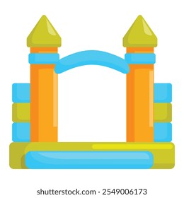 Colorful inflatable bouncy castle featuring an arch and turrets, designed for children's amusement and playtime activities