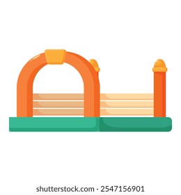 Colorful inflatable bouncy house featuring an orange arch and green base, providing fun and entertainment for children