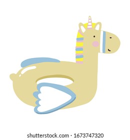 Colorful inflatable lifebuoy unicorn on the water. Circle for pool, ocean or sea. Leisure and travel concept. Vector.