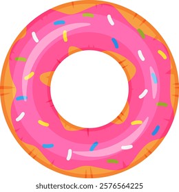 Colorful, inflatable pink donut ring with sprinkles, perfect for summer pool parties and beach vacations, providing fun and relaxation in the water