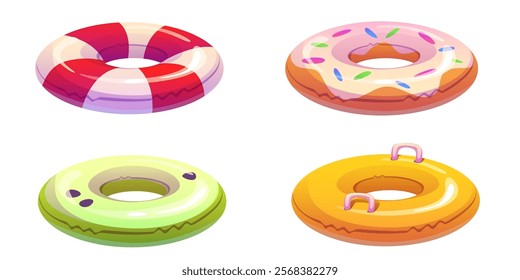 Colorful inflatable pool ring collection - striped lifebuoy in red white pattern, glazed donut with sprinkles, kiwi green design and classic orange float with handles. Summer swimming accessories set.