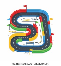 Colorful inflatable race track 3D illustration featuring winding asphalt path with multi-colored air-filled barriers, checkered finish line, and decorative flags on white background.
