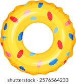 Colorful inflatable ring floating on water surface, perfect accessory for summer vacations, swimming pool fun, and beach holidays, providing safety and enjoyment