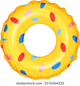 Colorful inflatable ring floating on water surface, perfect accessory for summer vacations, swimming pool fun, and beach holidays, providing safety and enjoyment