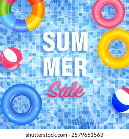 Colorful inflatable rings and beach balls floating on swimming pool advertising summer sale