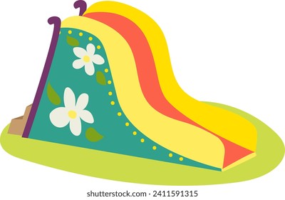 Colorful inflatable slide with floral pattern on grass. Bright yellow, red, and blue bounce slide for kids' entertainment. Children's outdoor inflatable play equipment vector illustration.