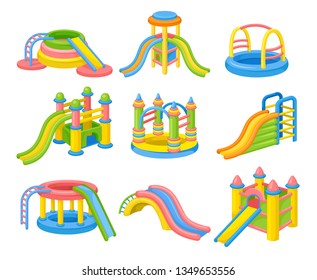 Colorful inflatable slides concept. Vector flat illustration. Colorful inflatable slides concept. Vector flat illustration.