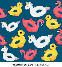 colorful inflatable swimming seamless pattern. flamingos, duck and unicorn shape. summer items isolated on blue background. vector Illustration.