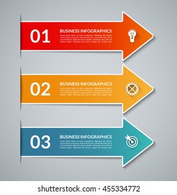Colorful infographic arrows with white border. Vector banner with 3 steps, parts, options. Can be used for workflow layout, diagram, chart, report presentation, step by step infographics, web design.