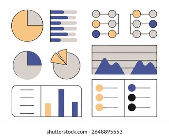 Coleção de gráficos infográficos coloridos em estilo simples, incluindo gráficos de pizza, gráficos de barras e layouts de matriz de pontos. Adequado para educação ou visualização de dados.