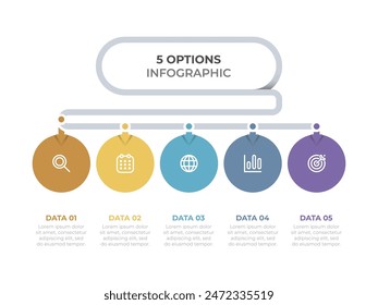 Colorful infographic with a circles design with marketing icons. Template for timeline or process chart with 5 steps or options.