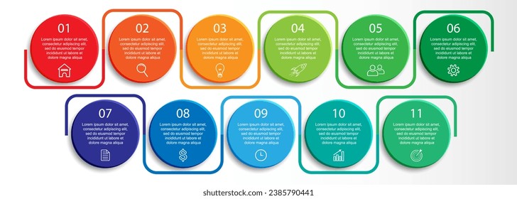 colorful infographic design, 11 step infographic with various interconnected colors, icons, symbols, numbers, text that match, good for your business presentation