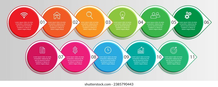 colorful infographic design, 11 step infographic with various interconnected colors, icons, symbols, numbers, text that match, good for your business presentation