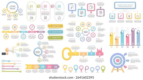 Colorful infographic design elements including charts, diagrams, timelines, icons, and data visualization components for presentations, vector eps10 illustration